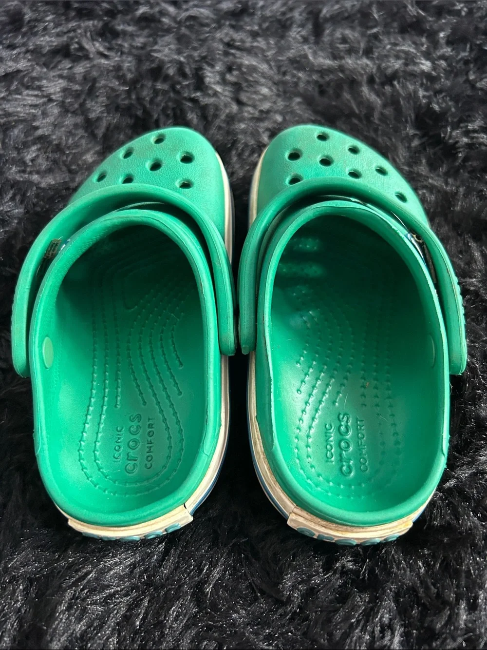CROCS Kids Green Clogs with Blue & White Midsole Stripe
